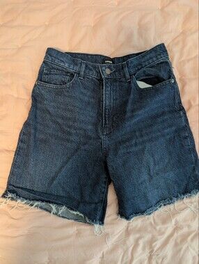 Express Dark Blue High-Rise Frayed Hem Jean Shorts 4